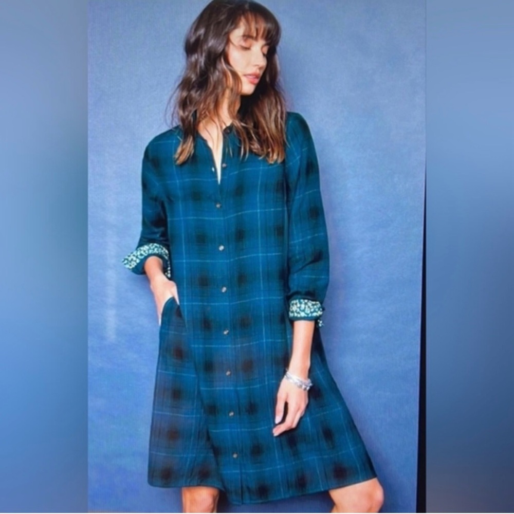 J. Jill Blue Plaid Long Sleeve Dress